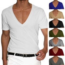 Men's V-neck solid color large casual short sleeved T-shirt YFY23056-1