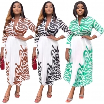 Zebra patterned long sleeved shirt casual pleated half length skirt spring/summer two-piece set YLY10070