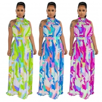 Printed Sleeveless Waist Wrap Dress K10552