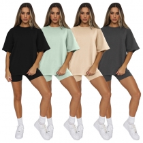 Solid color short sleeved round neck pullover top urban casual shorts fashion set SSN211051