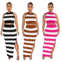 Striped printed slit skirt two-piece set CY9538