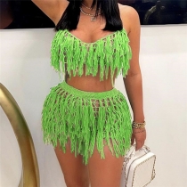 Fashionable Tassel Sexy Spicy Girl Wrapped Chest Perspective High Waist Wrapped Hip Shorts Set W23S29635