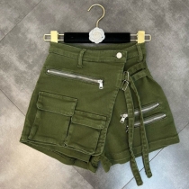Irregular multi pocket overalls shorts with narrow waist and loose denim culottes LM710501879345
