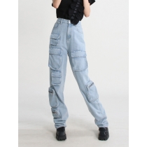 Vintage Washed High Waist Workwear Jeans Fashion Zipper Large Pocket Pants VPA788209