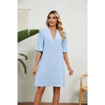 Solid V-neck Loose Pleated 5/4 Sleeve Dress HLL7725