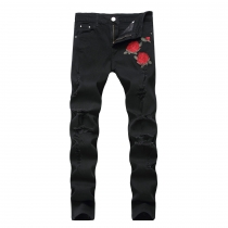 Embroidered Rose Denim Perforated Light Blue Pants Slim Fit Elastic Pants KS1855