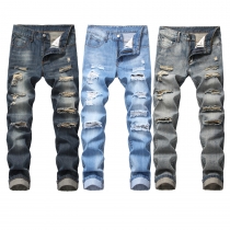 Perforated straight fitting bulletless jeans with multiple tattered men's pants KS305
