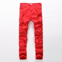 Red zipper decorated casual jeans, white multi zipper high stretch cotton pants KS339