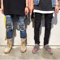 Perforated Black Feng Slim Fit Small Feet Jeans for Men's Skinny Elastic Men's Pants KS8008
