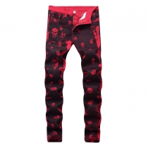 Printed red casual jeans, cotton stretch slim fitting men's pants KS9001