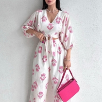 V-neck temperament printed bubble sleeve top and pants women's two-piece set HK5048