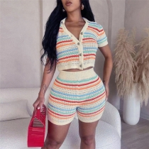 Fashionable lapel breasted short sleeved striped high waisted tight shorts knit set W23S31213