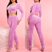 Fashion pile up pants set with V-neck pleated long style exposed navel short top and pants two-piece set BT19821