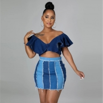 High waisted design with patchwork, washed pleated waistband, denim short skirt, half length skirt DK046