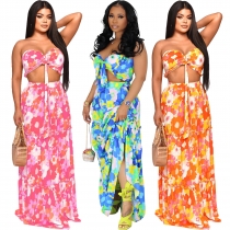 Fashionable women's printed bra and two piece skirt with large hem X9410