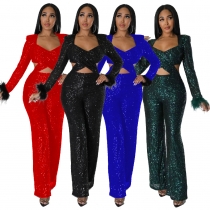 Sequin Feather Sexy Hollowed Out Slim Long Sleeved Party Jumpsuit YM9297