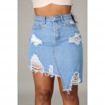Sexy trend with holes and irregular straight denim skirt HSF2520
