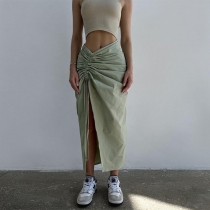 Solid color versatile slim drawstring pleated split skirt XY23282
