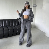 Women's high waisted loose fitting casual pants, street made vintage zipper hood set, two-piece set LS2624