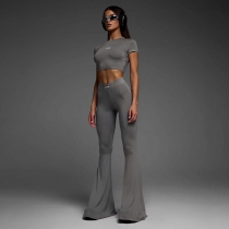Basic solid color minimalist pullover with exposed navel T-shirt, high waisted micro flared pants, casual sports yoga two-piece set KJ04953