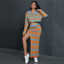 Knitted Stripe Contrast High Waist Slim Fit Long Split Half Skirt W23J34353