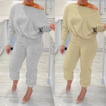 Sexy Diagonal Shoulder Solid Color Casual Sweater Two Piece Set S10605