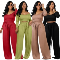 Women's solid color knitted lace up wide leg women's two-piece set YM358