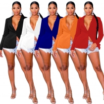 Sexy V-neck small suit solid color long sleeved top K10600