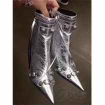 Pointed thin heeled high heeled women's boots with metal buckle high barrel tassel boots short style S723329929147-2
