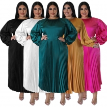 Pleated round neck long dress with long sleeves N7729