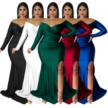 Large Women's Sexy Dress Nightclub V-Neck Gift Dress Solid Split Long Dress N7749