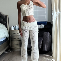 Single shoulder knitted crochet hollowed out short top set W23L35115
