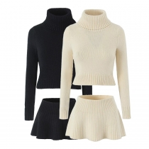 Knitted ruffled high neck long sleeved solid color sweater A-line half skirt set HWX35336