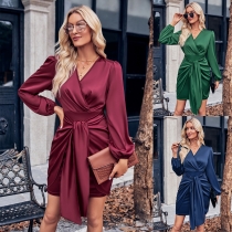 V-neck solid color waist tied long sleeved sexy dress 233LQ53574-SN18