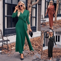 Casual V-neck Solid Twisted Waist Long Sleeve Dress 233LQ54150-SN18