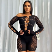 Diagonal shoulder long sleeved diamond cut out sexy slim fitting jumpsuit shorts NN0061