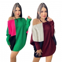 Women's loose round neck casual knitted dress sweater T1021