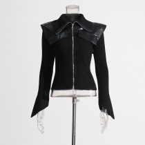 Splicing leather waist for slimming effect, solid color knitted jacket GJA950826