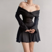 Off shoulder strapless wooden ear edge long sleeved knitted dress YD171
