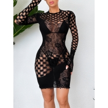 Sexy hip wrap skirt, fun lingerie, one piece hollow out tight fitting, transparent long sleeved mesh shirt w733