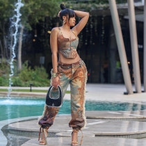 Camouflage vest sexy navel exposed high waisted pants with printed tassel pants set M7963