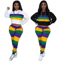 Casual sports striped positioning printed hooded two-piece set JC7086