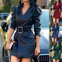 Women's temperament PU leather V-neck bubble sleeve slim fit cross-border dress with belt HC847