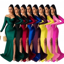 Women's sexy dress, nightclub V-neck gift dress, solid color large slit long dress AL143