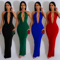Women's solid color hollowed out backless sleeveless long dress dress C6831
