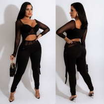Sexy Mesh Perspective Long Sleeve Two Piece Overpants Set OS6381