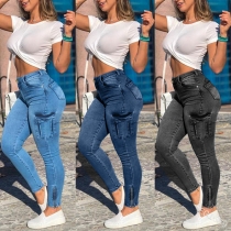 Zippered women's pants with white distressed pockets, fashionable women's denim workwear and leggings KV1689