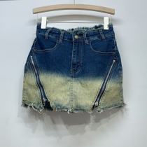 Diagonal zipper retro color anti glare pants skirt denim short skirt K747708696761