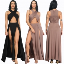 Solid color split pleated dress sexy evening dress FP3102
