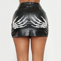 Printed short skirt PU leather zipper sexy leather skirt D11-326